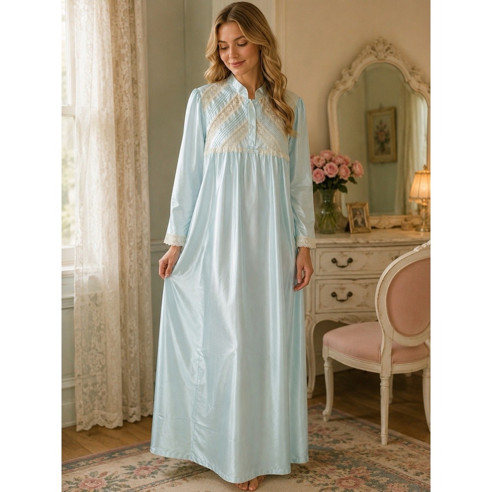 Vintage Barbizon Nightgown M Aqua Satin Lace Long Sleeve NWT Deadstock 70s -3341